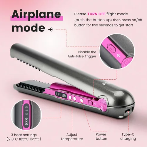 Plancha plana inalámbrica, mini alisadora de pelo y rizador para sobre la marcha, tamaño de viaje portátil, tamaño de viaje, recargable USB-C,