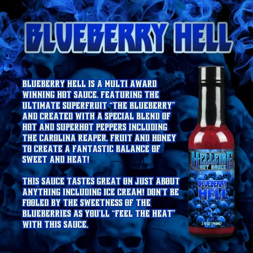 Miniatura 2 de Salsa picante Hellfire Blueberry Hell con pimientos Carolina Reaper, Gourmet, galardonada salsa picante a base de frutas, 5 onzas