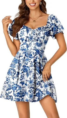 Miniatura 26 de Rooscier Minivestido acampanado de manga corta con volantes, cuello cuadrado, envolvente y espalda anudada para mujer