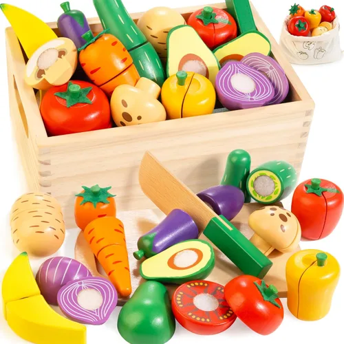Juego de alimentos de madera para la cocina de los niños | Juego de alimentos de juguete para cortar verduras y frutas con estuche de almacenamiento