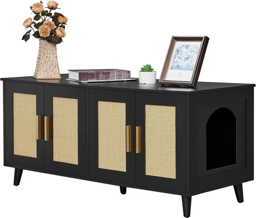 Homhedy Caja de arena bohemia para gatos para 2 gatos, muebles de madera para baño de gatos con puertas decoradas de ratán doble, casa de mascotas,