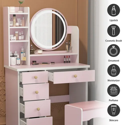 Miniatura 3 de Escritorio de tocador con espejo y luces, tocador de maquillaje con luces y cajones, tocador con espejo y estantes, taburete acolchado, rosa 31.5