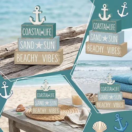 Miniatura 5 de 4 piezas de decoración de mesa de ancla costera para el hogar, decoración náutica de bandeja escalonada de playa, letreros de madera para la vida