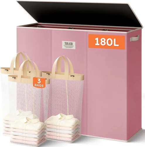 Miniatura 9 de SOLEDI Cesta de ropa sucia de 180L de 3 secciones, cesta de ropa sucia extra grande con tapa, cesta de ropa sucia con asa resistente, organizador