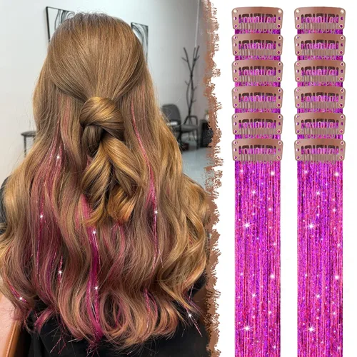 Miniatura 38 de FESHFEN Extensiones de cabello con clip de colores, 16 piezas de 8 colores resaltados, piezas de cabello sintético lacio con clip para mujer, 22
