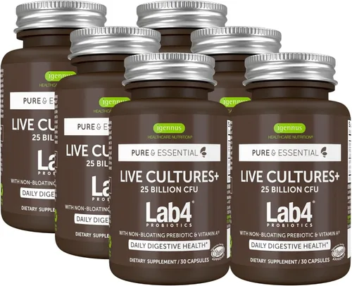 Probióticos y prebióticos Igennus, Lactobacillus acidophilus y bifidobacterias, Live Cultures+ Lab4, garantizado 25 mil millones de UFC, para