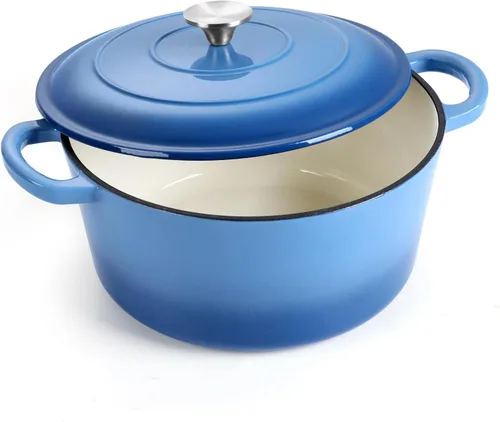 E-far Horno holandés de hierro fundido esmaltado de 6 cuartos con tapa, olla redonda holandesa antiadherente para estofar, guisos, asar, hornear Azul