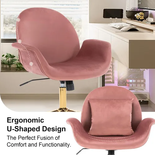 Miniatura 4 de Silla de escritorio de terciopelo rosa para oficina en casa con base dorada para mujeres y niñas, silla giratoria de maquillaje con almohada, silla
