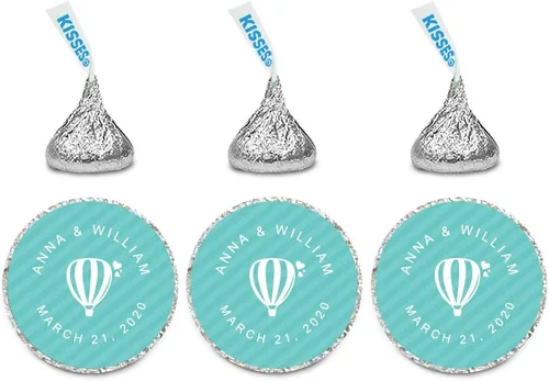 Miniatura 23 de Andaz Press Etiquetas personalizadas de gota de chocolate para boda, nombres y fecha redondos de novios, azul bebé, paquete de 240, personalizadas