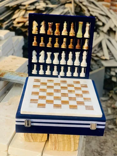 Miniatura 6 de NB - Juego de ajedrez de mármol hecho a mano de 12 pulgadas con caja de regalo de terciopelo azul, elegante tablero de ajedrez de piedra con juego