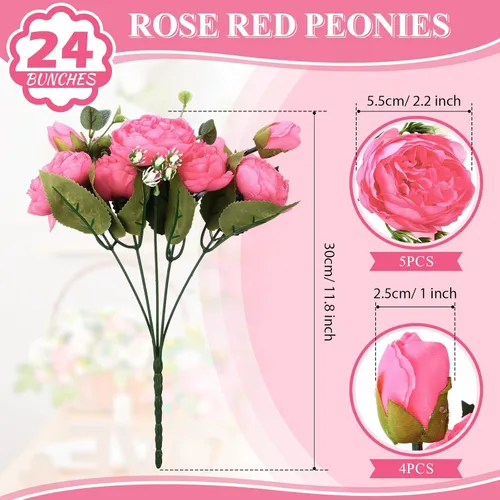 Miniatura 2 de Hoteam 24 paquetes de flores artificiales de peonías artificiales para boda, ramo de peonías de seda, arreglos florales falsos para novia, arreglos