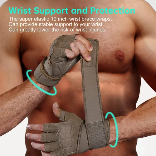 Miniatura 7 de Guantes de entrenamiento para hombre para levantamiento de pesas - Guantes de ejercicio para hombres y mujeres con soporte para muñequera, Marrón