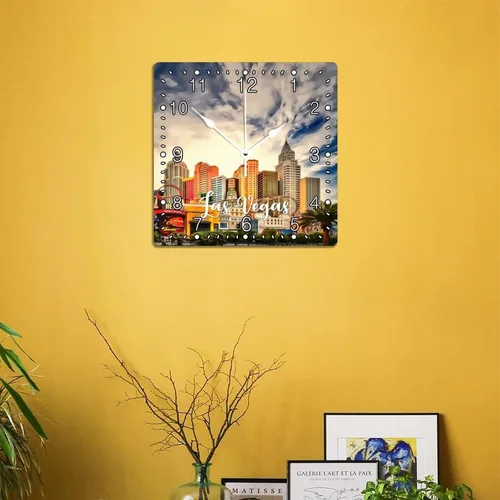 Miniatura 5 de Reloj cuadrado de madera de 15 x 15 pulgadas, diseño de paisaje urbano de Las Vegas, números arábigos, moderno, silencioso, sin tictac, funciona