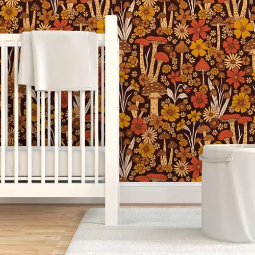 Miniatura 6 de Spoonflower Papel tapiz de despegar y pegar - flor de estilo vintage, retro floral, hippie de los años 70, hongo de los años 70, marrón naranja