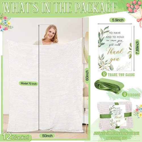 Miniatura 2 de Buryeah 12 piezas de manta de franela y forro polar para boda a granel con tarjeta de agradecimiento y cinta, 50 x 60 pulgadas, mantas certificadas
