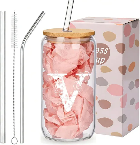 Miniatura 26 de Regalos personalizados para mujeres, tazas de vidrio con monograma con tapas y pajitas, regalos personalizados para mujeres, vasos de café helado