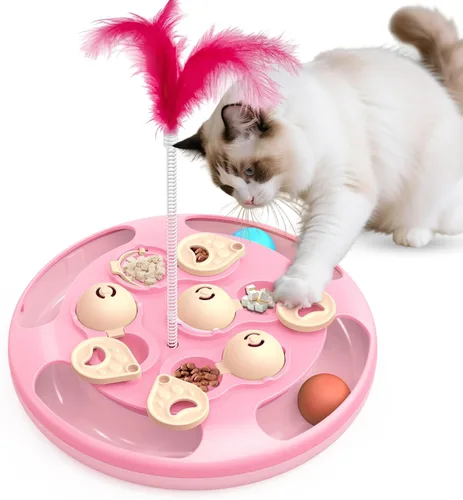Miniatura 8 de Comedero de rompecabezas 3 en 1 para gatos, juguete interactivo de nivel 3 con bolas de pista, teaser de plumas e inserto de alimentador lento, base