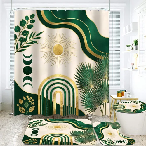 Miniatura 7 de LQCOOL 4Pcs Black Green Shower Curtain Set, Modern Minimalist Bathroom Sets, Abstract Botanical Bathroom Sets with Shower Curtain and Rugs, Tropical