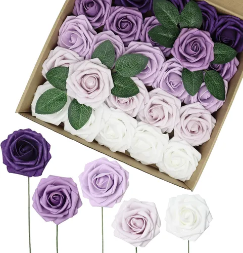 Miniatura 10 de Flores artificiales, 25 rosas de espuma de aspecto real, rosas falsas con tallos para ramos de boda, centros de mesa, baby shower, fiesta