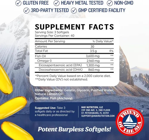 Miniatura 6 de Aceite de pescado DHA Omega 3 de triple fuerza 3600 mg Más de 2100 mg de ácidos grasos omega-3 con 860 mg de DHA 1300 mg EPA Los mejores