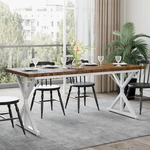 Miniatura 5 de Mesa de comedor de granja para 6-8 personas, mesa de comedor rectangular de madera de 70.8 pulgadas, mesa de cocina rústica con patas de metal extra