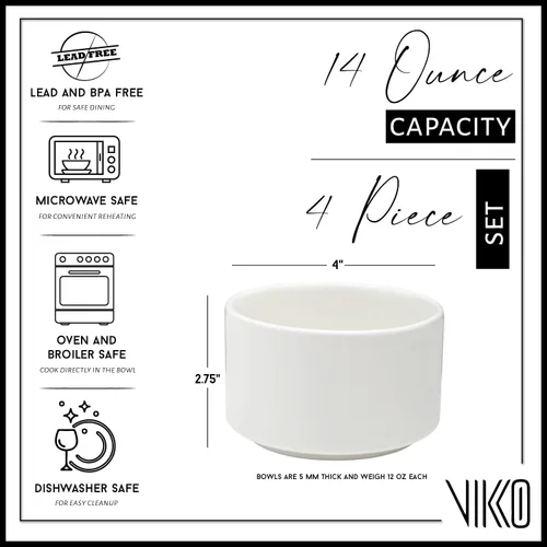 Miniatura 2 de Vikko Moderno juego de 4 cuencos de sopa de porcelana blanca mate, apilables de 14 onzas, elegante, estilo restaurante, apto para microondas