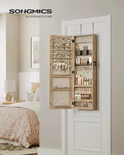 Miniatura 49 de SONGMICS Gabinete colgante de joyería, gabinete de pared con luces interiores LED, organizador de joyas montado en la puerta, espejo de cuerpo Blanco