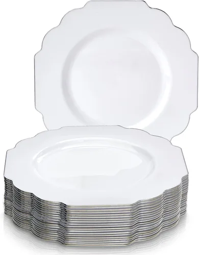 Miniatura 8 de SILVER SPOONS Platos desechables de diseño elegante para fiesta (10 piezas) Juego de cena desechable resistente de 10.75 pulgadas, platos de Blanco