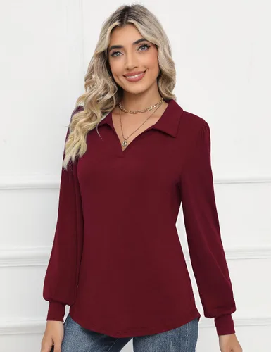 Miniatura 5 de LOMON Camisas tipo polo de manga larga con cuello en V y manga abombada para mujer