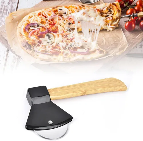 Miniatura 9 de Cortador de pizza de acero inoxidable, cortador de pizza de hacha redonda, rueda de cocina con tapa, rebanador de alimentos de mano para el hogar