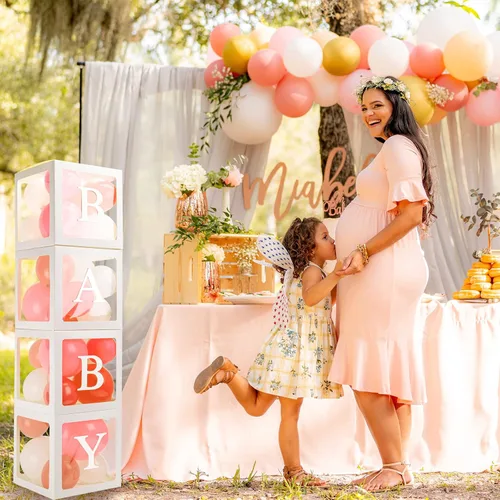 Miniatura 4 de Cajas de bebé con 12 letras para baby shower, decoraciones de baby shower para niño o niña, 4 cajas de globos transparentes bloques transparentes