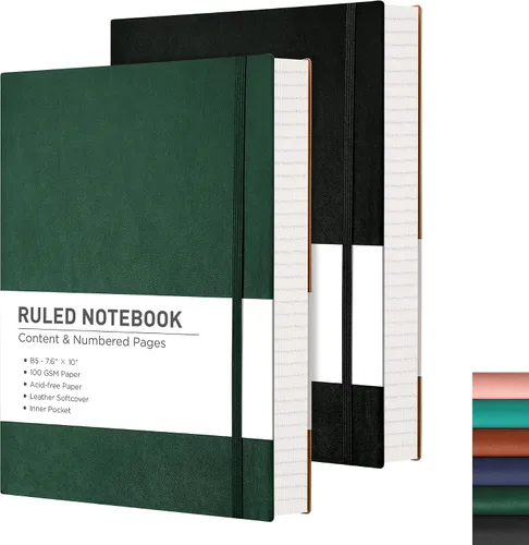 Miniatura 9 de RETTACY Cuaderno rayado, 2 paquetes, 204 páginas numeradas por paquete, B5 mediano 17.6 x 25 cm, tapa blanda de cuero, papel grueso de 100 g/m²