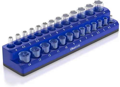 Olsa Tools Portadados magnético, para dados métricos con cuadros de mando de 1/4 de pulgada, color azul, caben 26 dados, organizador de herramientas