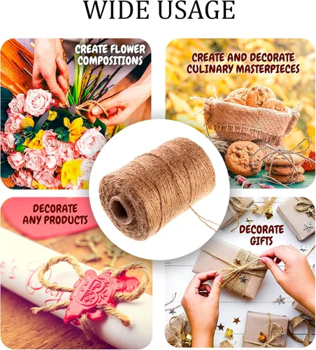Miniatura 8 de Cuerda de yute natural de 600 pies, cuerda fina de arpillera para caja de regalo, embalaje, decoración, jardinería, 2 capas