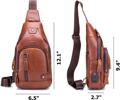 Miniatura 2 de BULLCAPTAIN Bolso bandolera de cuero para hombre, bolsa cruzada de viaje, mochila de senderismo con puerto de carga USB, varios bolsillos