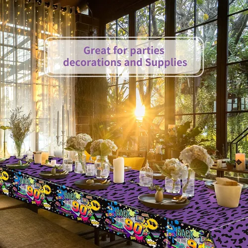 Miniatura 7 de Kasyat 3 piezas de decoraciones de fiesta de los años 90, mantel grande para fiesta temática de los años 90, mantel de plástico para cumpleaños