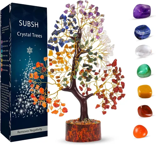 Miniatura 20 de Árbol de la vida de cristal amatista de 10-12 pulgadas con 2 colgantes de chakra – Bonsái de cristal sanador, árbol del dinero para energía
