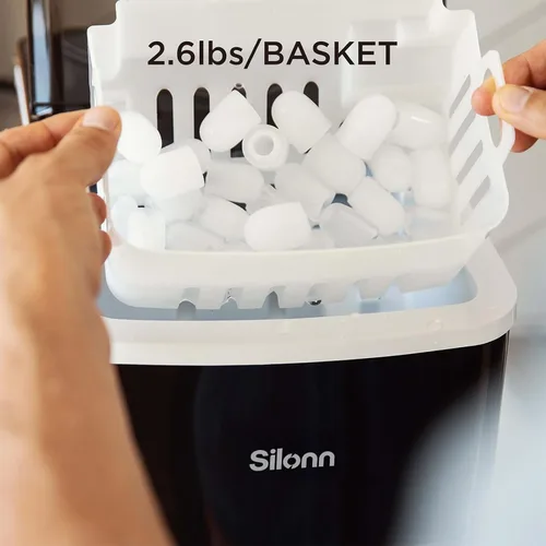 Miniatura 5 de Silonn - Máquina para hacer hielo con encimera, 9 cubos listos en 6 minutos, 26 libras en 24 horas, máquina de hielo autolimpiante con cuchara