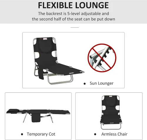 Miniatura 4 de Outsunny Tumbona para exteriores con agujero para el brazo facial, silla de bronceado reclinable de 5 posiciones con correa de transporte, bolsillo