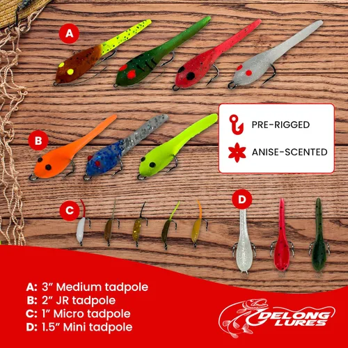 Miniatura 3 de DELONG LURES Paquete de 16 señuelos de pesca para renacuajo, señuelos preaparejados para lubina, crappie, branquia azul y aparejos de pesca