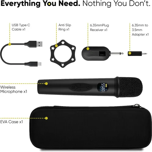 Miniatura 4 de Sistema de Micrófono Inalámbrico Bowens – Micrófono Inalámbrico para Karaoke con Receptor, Control de Eco, Pantalla LCD, Carga USB-C, Adaptador