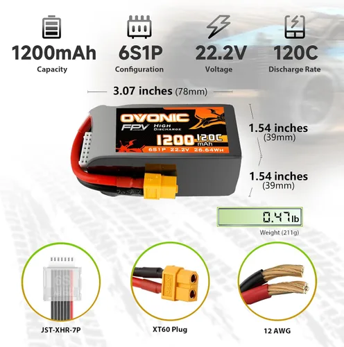 Miniatura 2 de OVONIC 6s Lipo Batería 120C 1200mAh 22.2V Lipo Batería con XT60 Conector para RC FPV Racing Drone Quadcopter