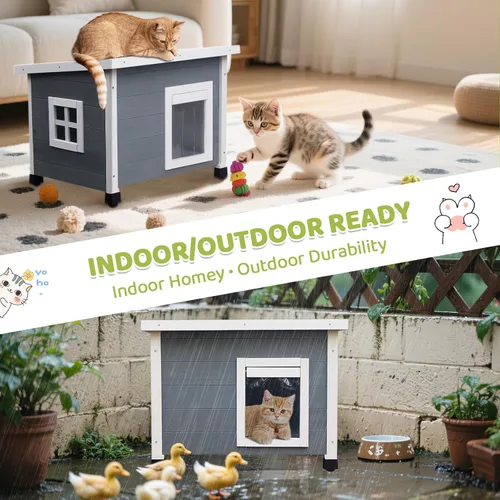 Miniatura 5 de Agitree Casa de madera para mascotas al aire libre, refugio de invierno resistente a la intemperie para perros y gatos, diseño elevado con ventana