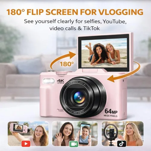 Miniatura 4 de Acuvar Cámara digital 4K, cámara digital compacta de 64 MP para fotografía y vlogging, pantalla abatible, WiFi, zoom 16X, cámara pequeña