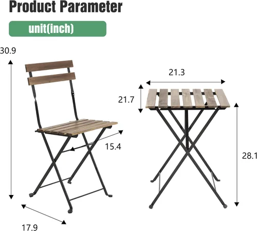 Miniatura 7 de PayLessHere Juego de 3 piezas de muebles de exterior, 2 sillas plegables y marcos de acero y madera resistente a la intemperie, diseño portátil