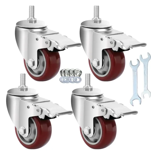 Miniatura 12 de AOCHENLY Ruedas giratorias, ruedas resistentes M8-1.25x1-1/5, ruedas giratorias roscadas con frenos dobles, juego de 4 (M8-1.25x1-1-1/5, 3 pulgadas)
