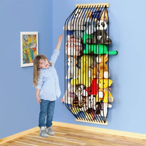 Miniatura 12 de Almacenamiento de animales de peluche, paquete de 2 organizadores de juguetes suaves de madera para habitación de los niños, lindo montaje en pared