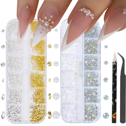 Miniatura 18 de Dijes 3D para arte de uñas, oro rosa, cuentas de micro caviar, diamantes de imitación para uñas acrílicas, tamaño mixto, diamantes de imitación AB