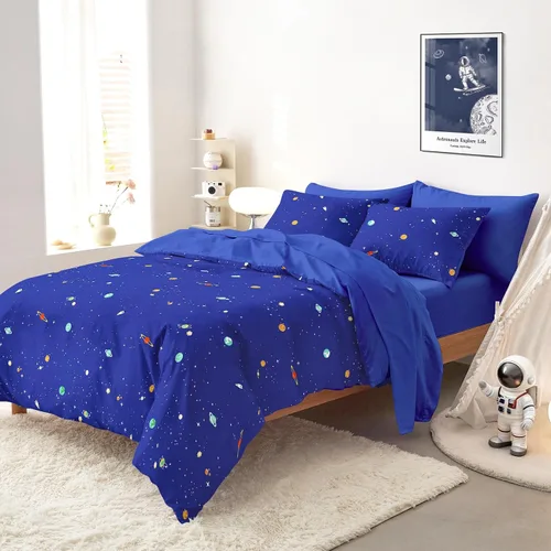 Miniatura 3 de Wake In Cloud - Juego de edredón espacial, tela 100% algodón, diseño de astronauta con diseño de constelación, cohete y estrella, para niños