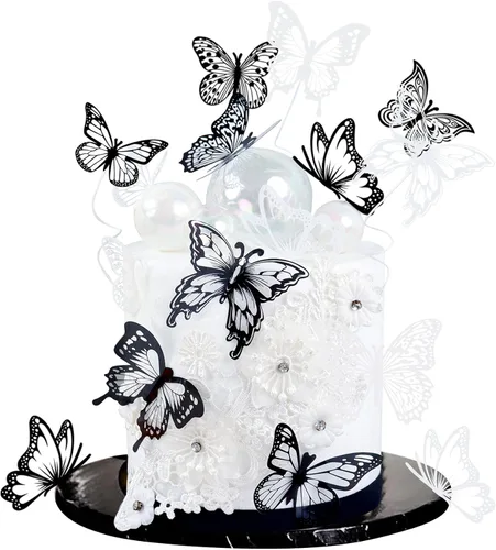 Ercadio Paquete de 36 adornos de mariposa 3D para tartas de mariposa en blanco y negro de PVC para tartas de mariposa, estilo mixto, arte hueco,